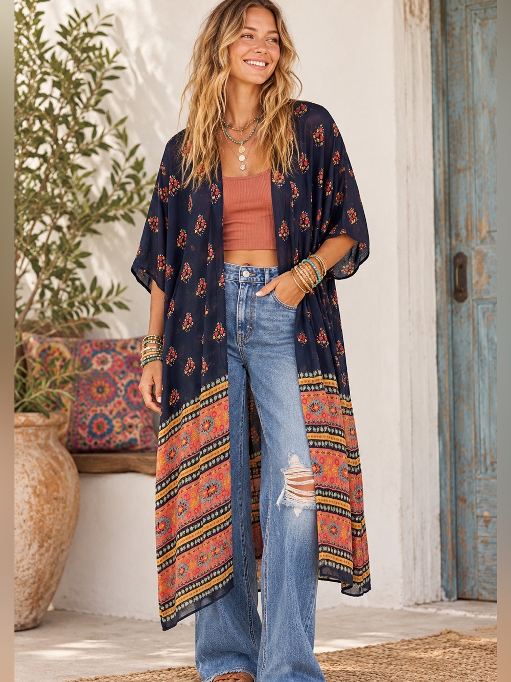 NWT Natural Life Duster Kimono Navy Floral Medallion Boho Layering OS Coral
